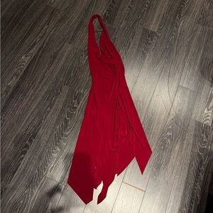 Vintage 90s Red Halter Dress with Plunge Neck and Layered Asymmetrical Hem